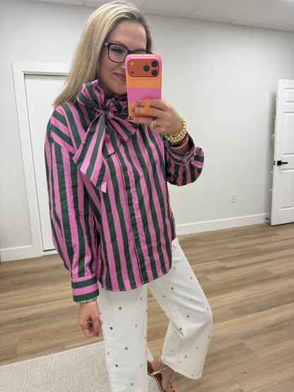 Green & Pink Bow Neck Stripe Shirt