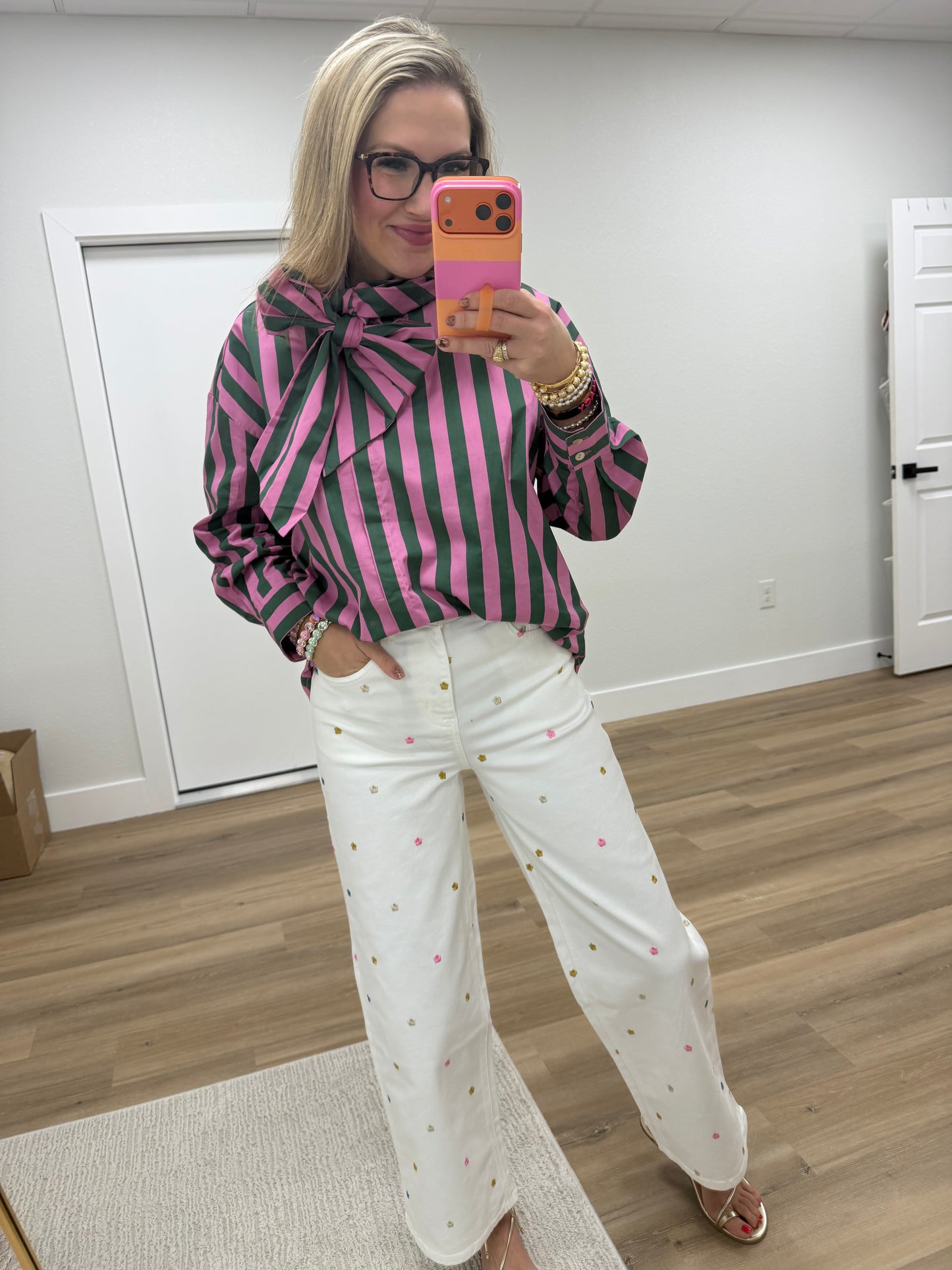 Green & Pink Bow Neck Stripe Shirt