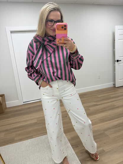 Green & Pink Bow Neck Stripe Shirt