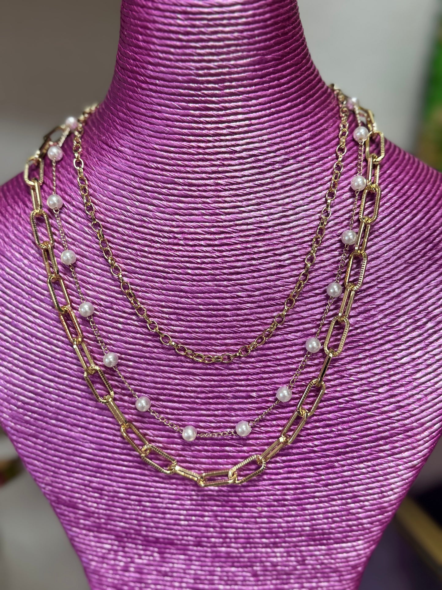 Triple Strand Gold & Pearl Necklace