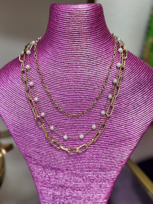 Triple Strand Gold & Pearl Necklace