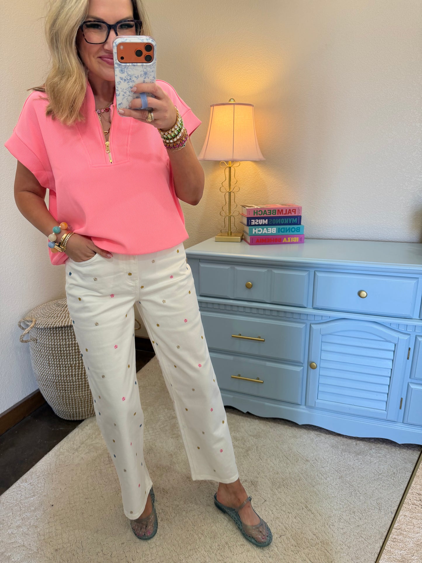 White Flower Embroidered Wide Leg Crop Jean