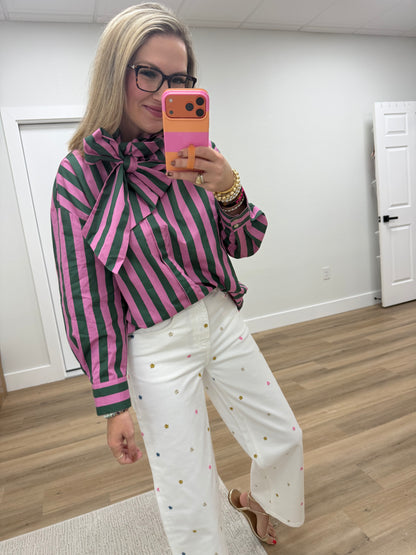 Green & Pink Bow Neck Stripe Shirt