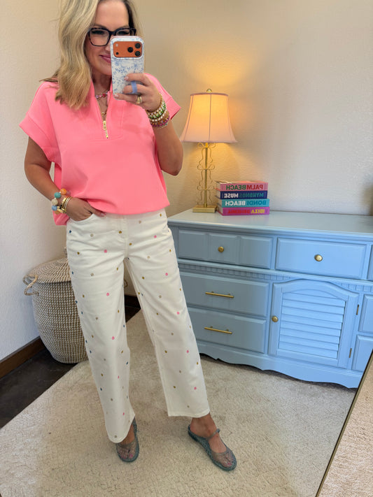 White Flower Embroidered Wide Leg Crop Jean