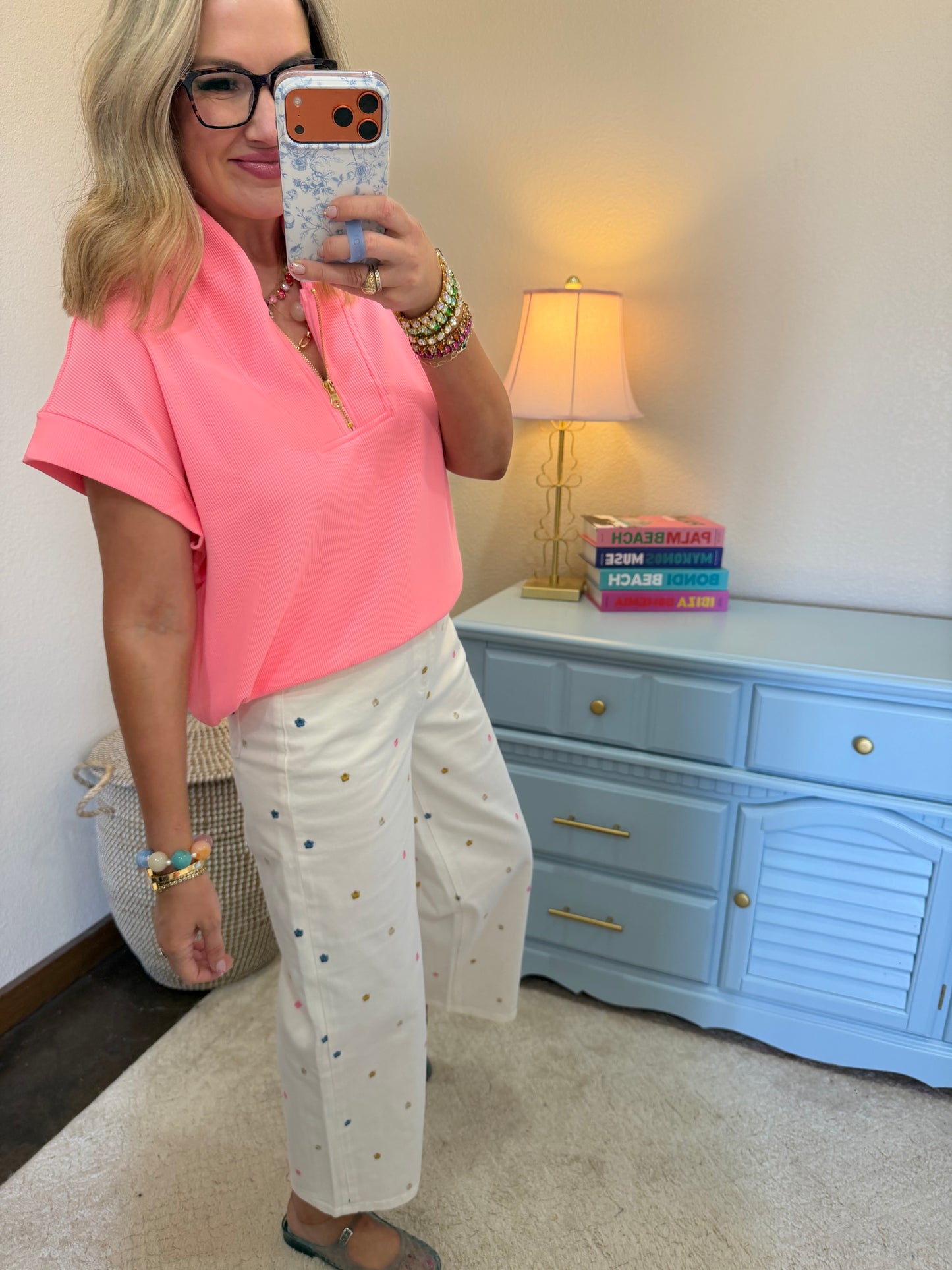 Bright Neon Pink Ribbed High Neck Half Zip Top