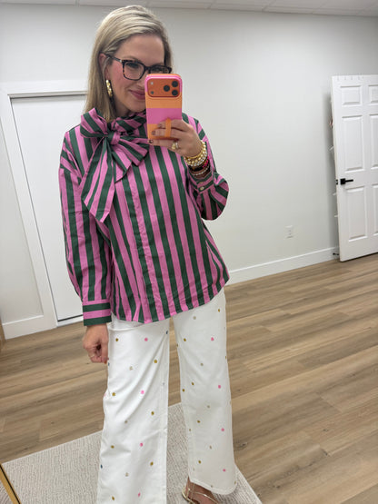 Green & Pink Bow Neck Stripe Shirt