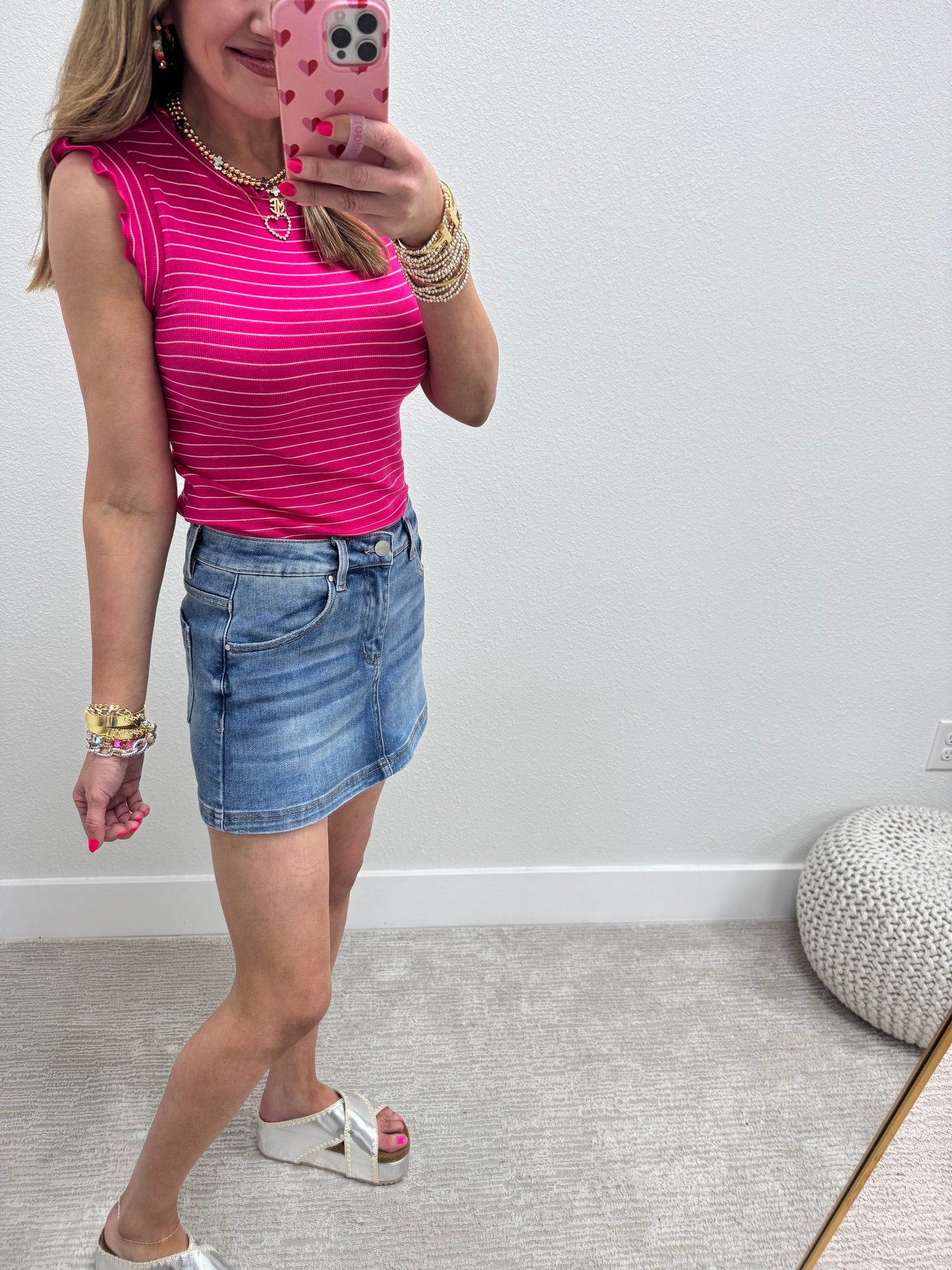 Hot Pink Ribbed Ruffle Trim Sleeveless Top