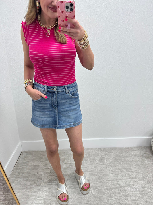 Hot Pink Ribbed Ruffle Trim Sleeveless Top