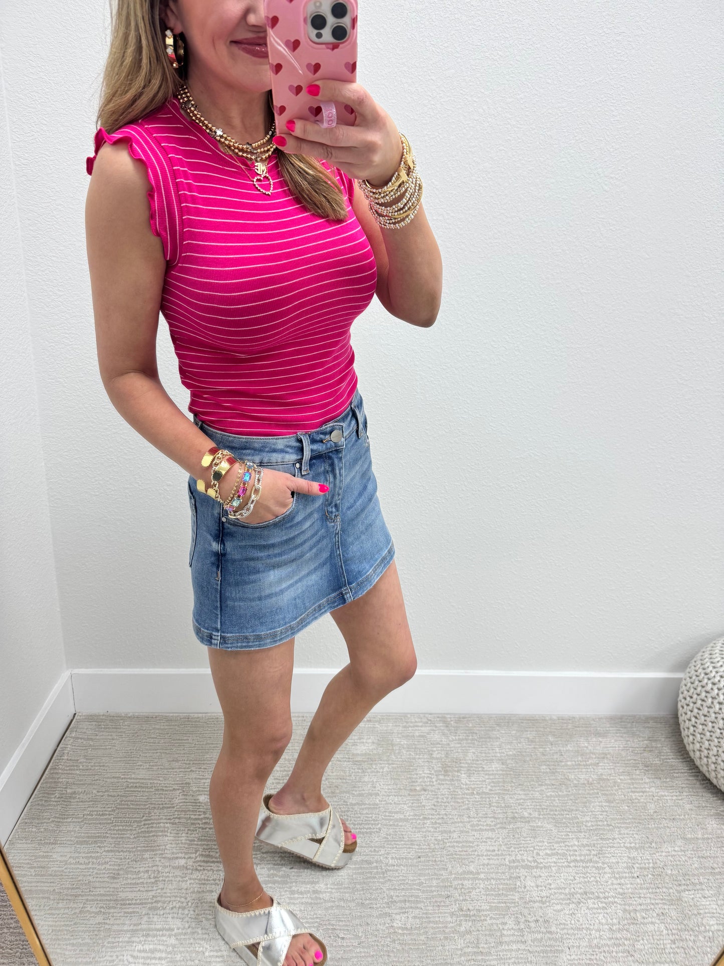 Hot Pink Ribbed Ruffle Trim Sleeveless Top