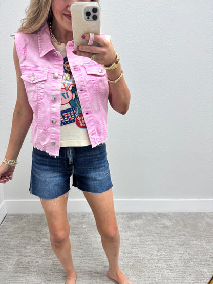 Risen Pink Acid Washed Denim Vest