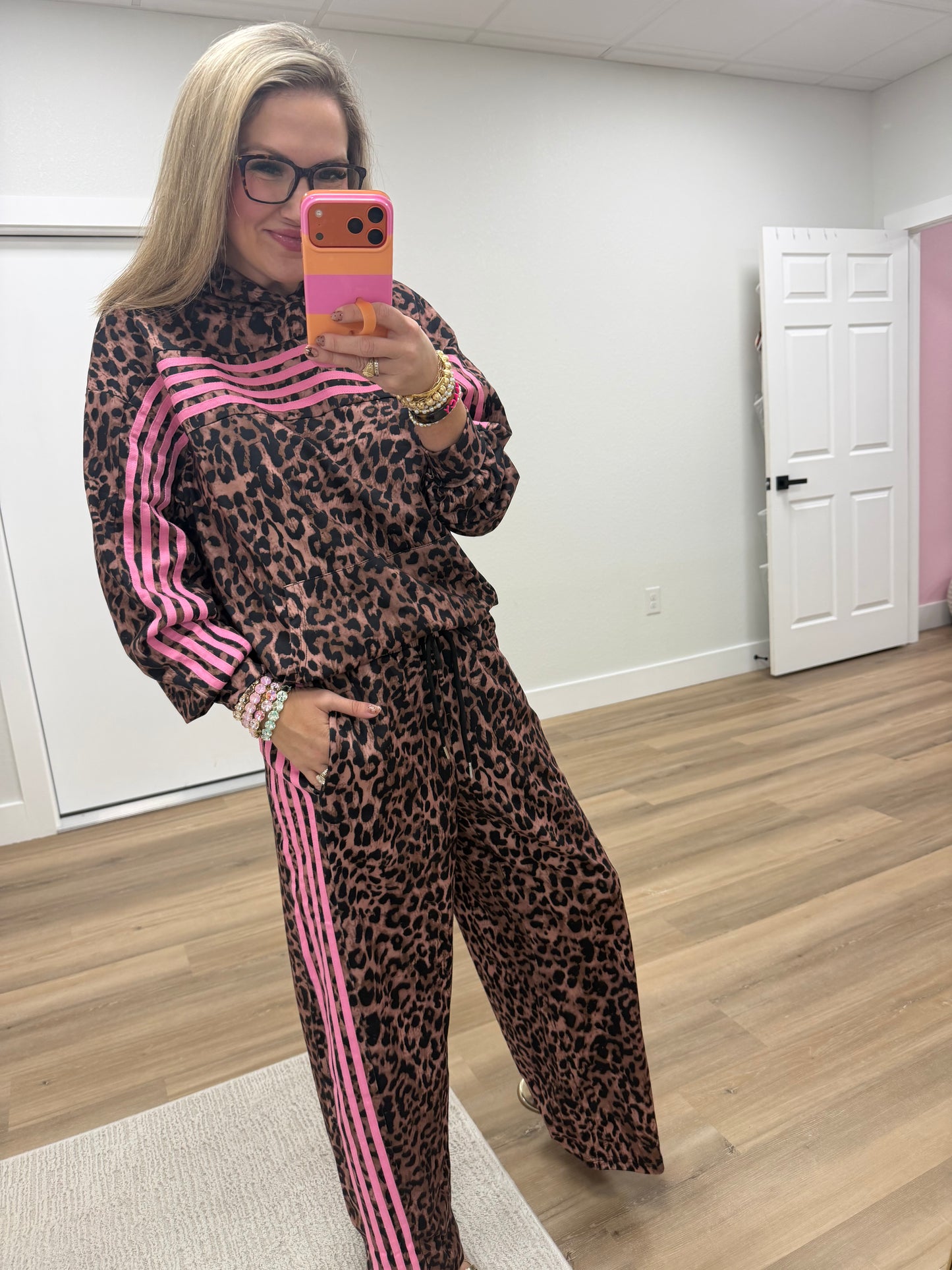 Leopard Print Contrast Striped Pant Set