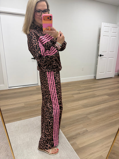 Leopard Print Contrast Striped Pant Set
