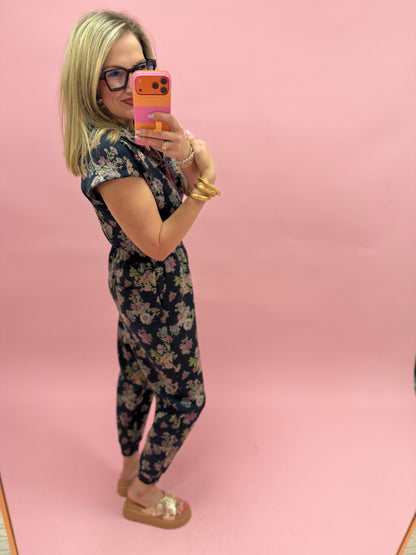 Navy Printed Scuba Zipper Jumpsuit