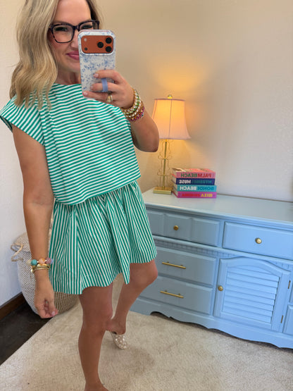 Green & White Striped Dolman Sleeve Top & Skirt Set