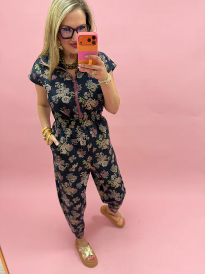 Navy Printed Scuba Zipper Jumpsuit