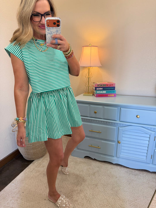 Green & White Striped Dolman Sleeve Top & Skirt Set