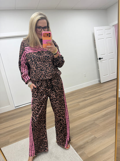Leopard Print Contrast Striped Pant Set