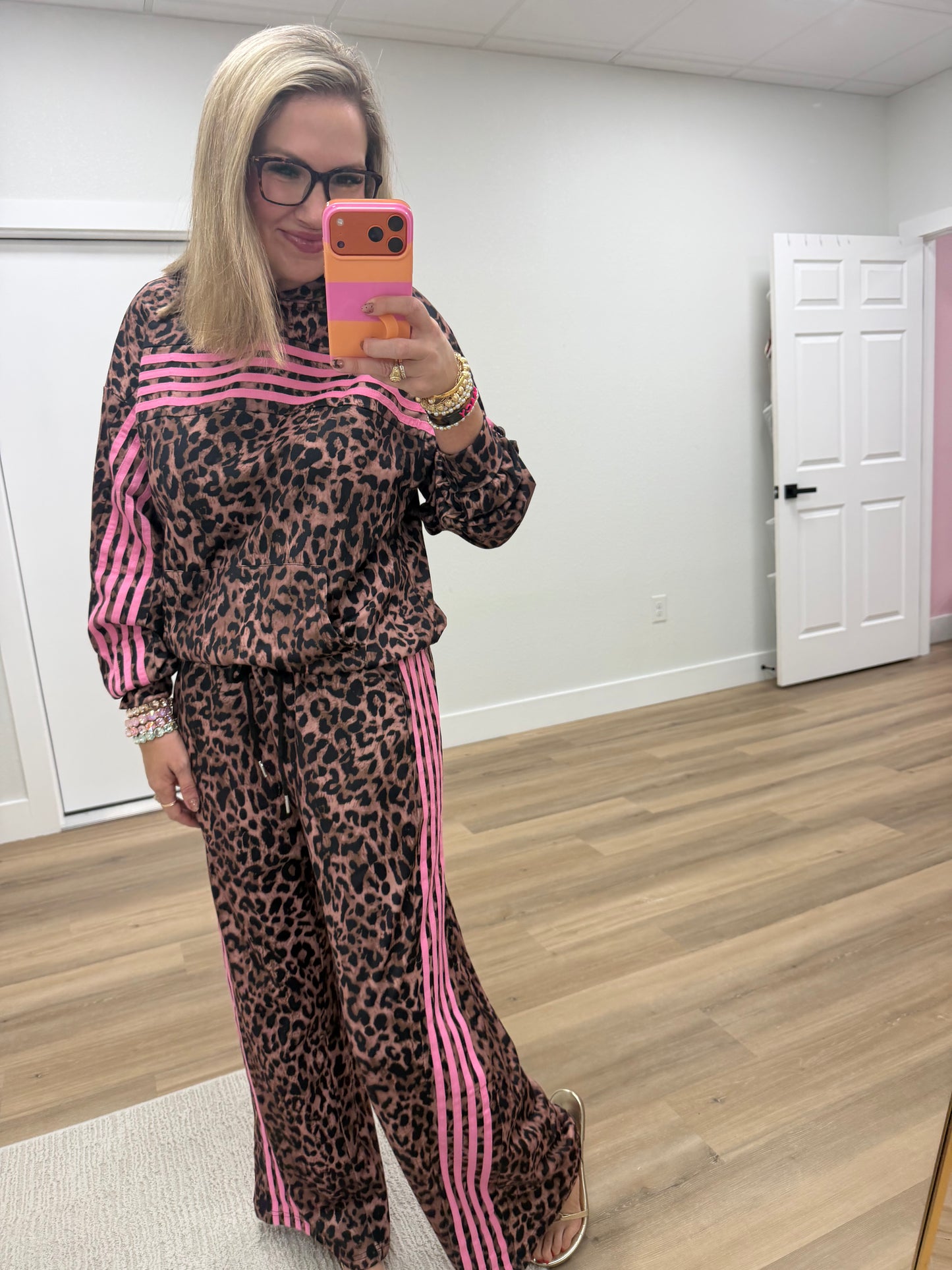Leopard Print Contrast Striped Pant Set