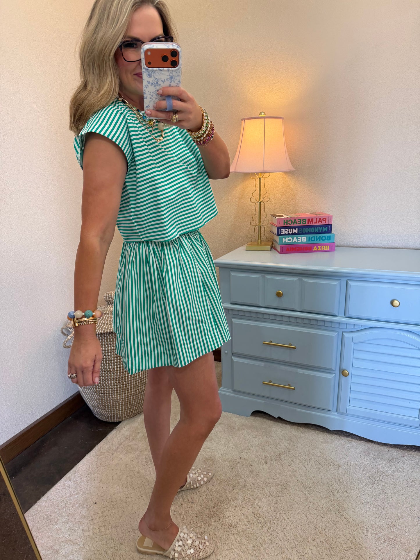Green & White Striped Dolman Sleeve Top & Skirt Set