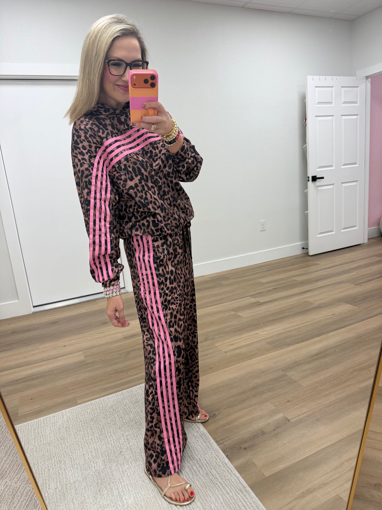 Leopard Print Contrast Striped Pant Set