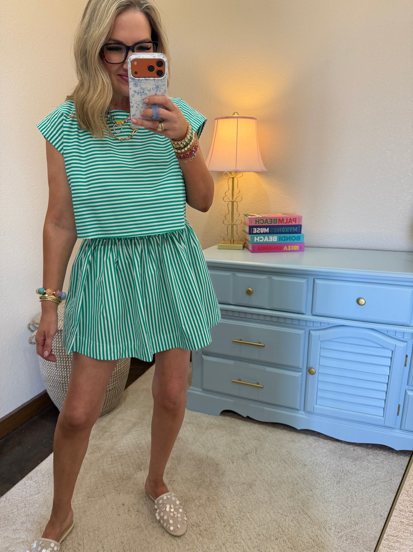 Green & White Striped Dolman Sleeve Top & Skirt Set