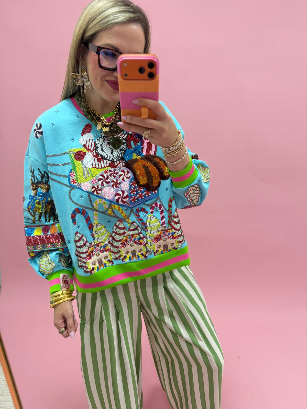 Queen of Sparkle Aqua Vintage Santa Gingerbread House Sweatshirt