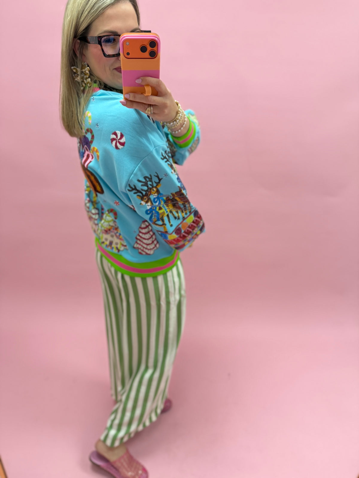 Queen of Sparkle Aqua Vintage Santa Gingerbread House Sweatshirt