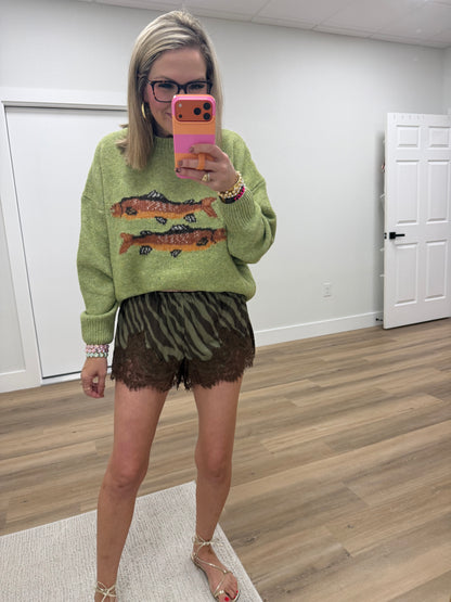 Olive Zebra Print Lace Trim Shorts