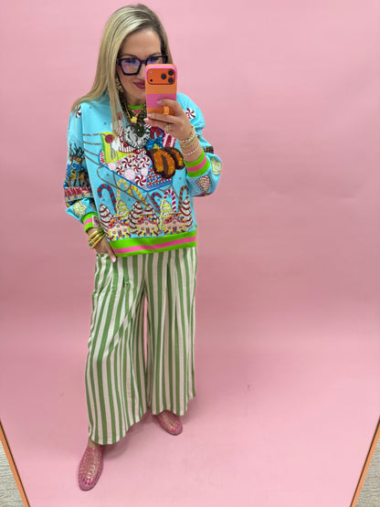 Green Vertical Stripe  Wide Leg Pants