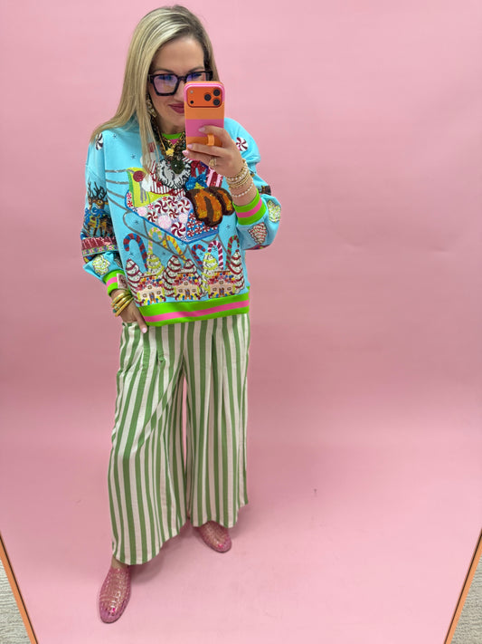 Green Vertical Stripe  Wide Leg Pants