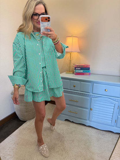 Green & White Striped Dolman Sleeve Top & Skirt Set
