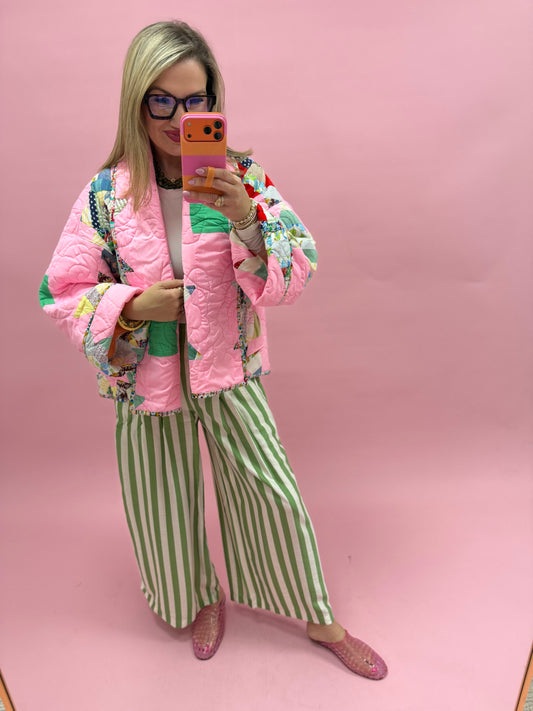 Green Vertical Stripe  Wide Leg Pants