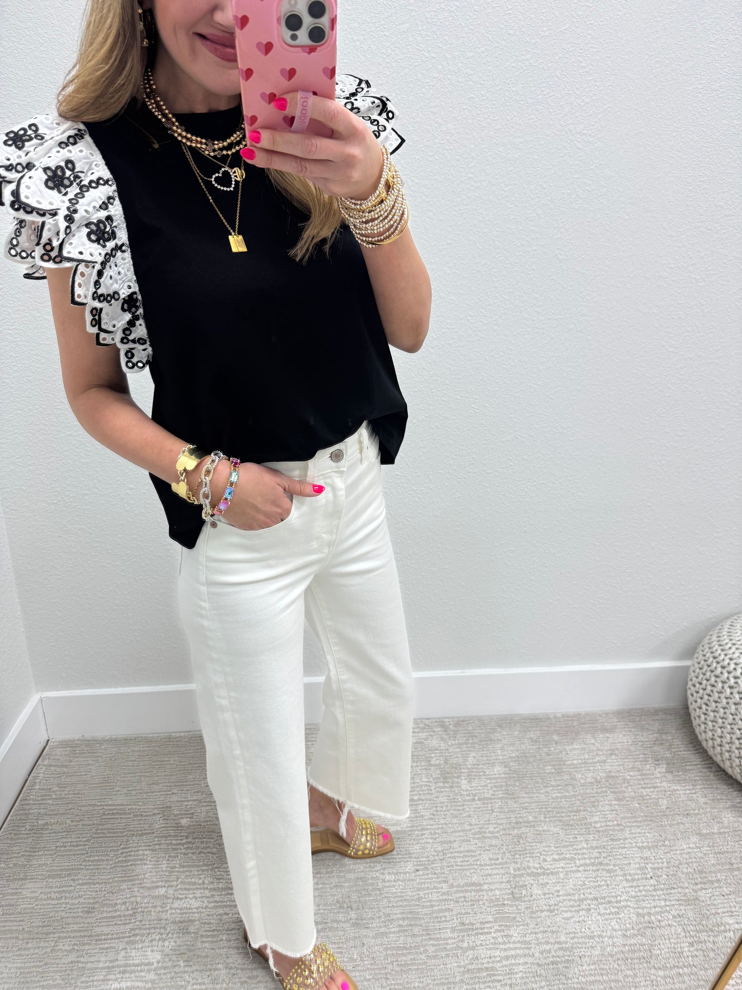 Black Top With Ivory Eyelet Ruffle Sleeves