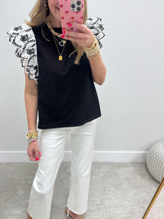 Black Top With Ivory Eyelet Ruffle Sleeves