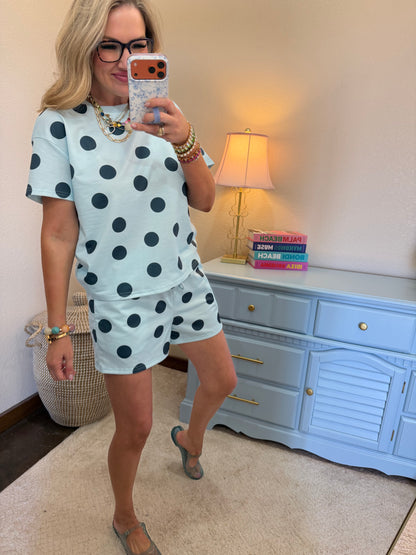 Sky Blue Polka Dot Drawstring Short Set