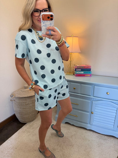 Sky Blue Polka Dot Drawstring Short Set