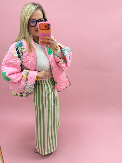 Green Vertical Stripe  Wide Leg Pants