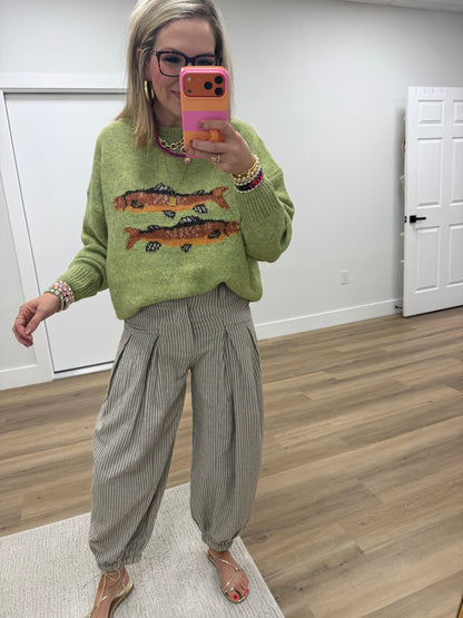 Natural with Stripes Pull On Wide Leg Pants