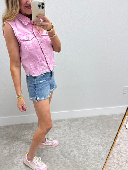 Risen Pink Acid Washed Denim Vest
