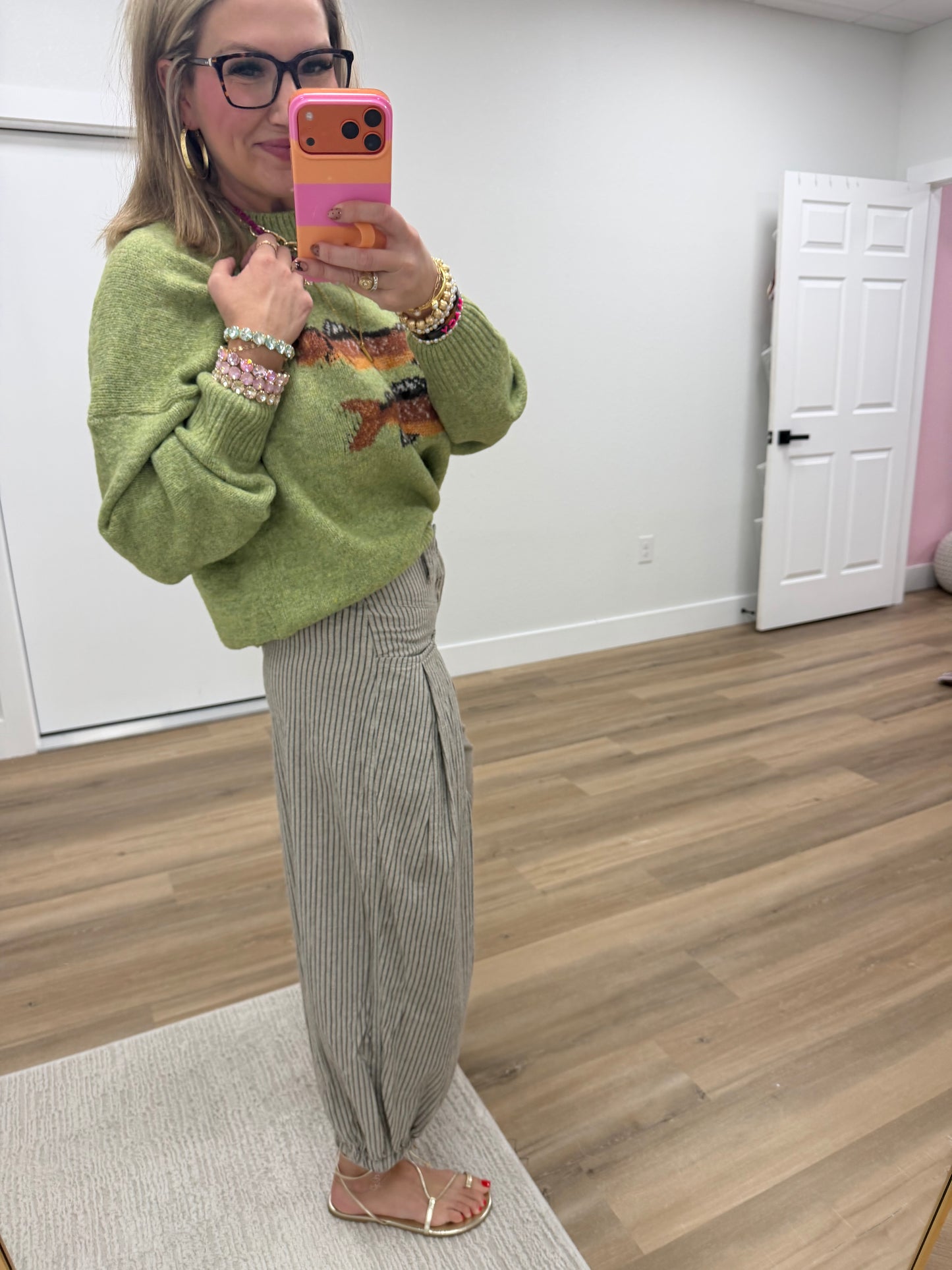 Natural with Stripes Pull On Wide Leg Pants