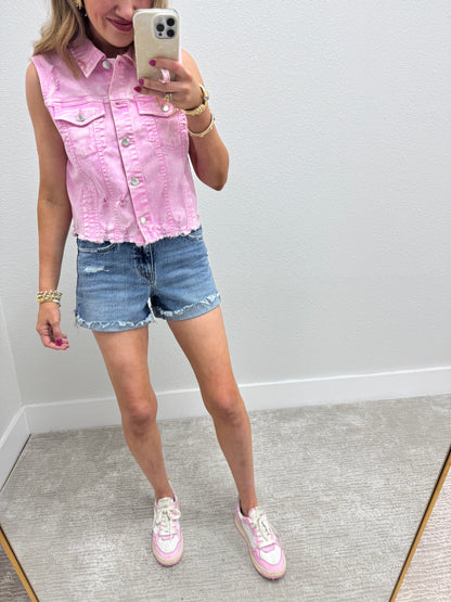 Risen Pink Acid Washed Denim Vest