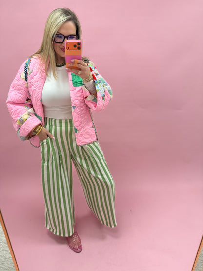 Green Vertical Stripe  Wide Leg Pants