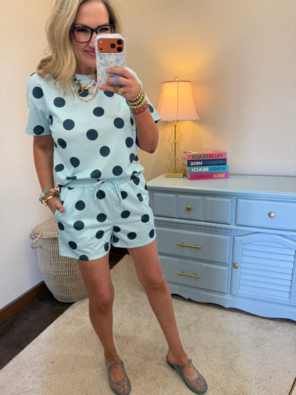 Sky Blue Polka Dot Drawstring Short Set