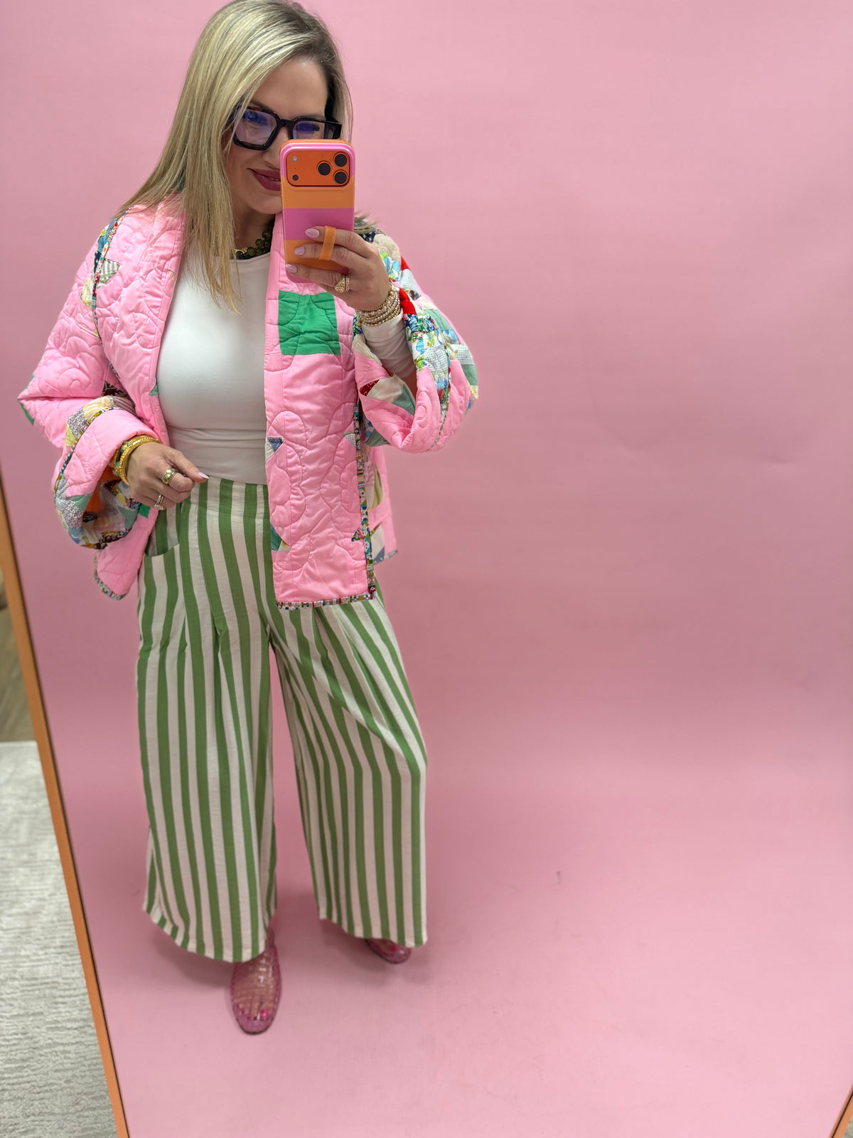 Green Vertical Stripe  Wide Leg Pants