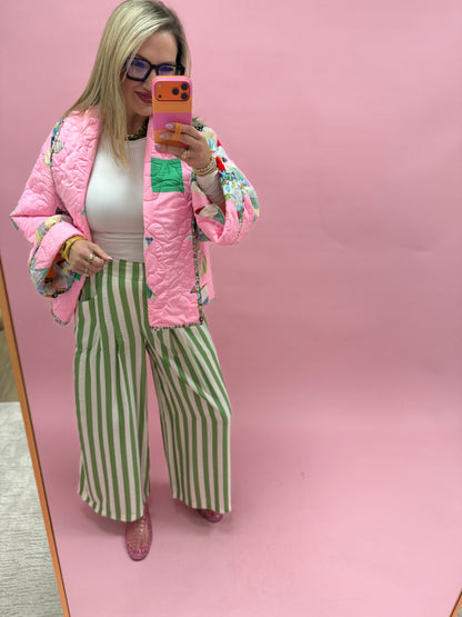Green Vertical Stripe  Wide Leg Pants