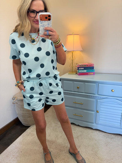 Sky Blue Polka Dot Drawstring Short Set