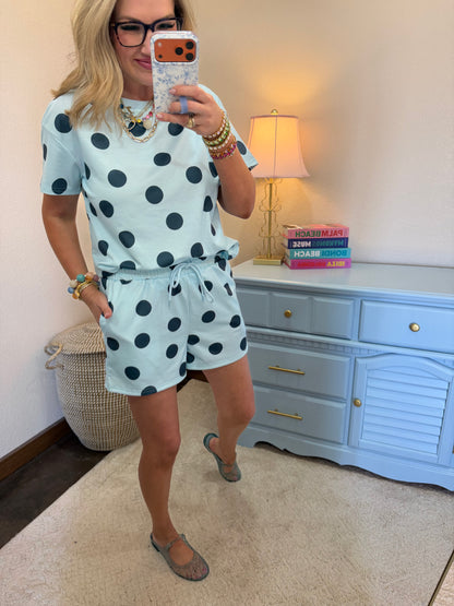 Sky Blue Polka Dot Drawstring Short Set