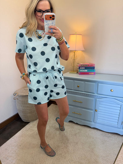 Sky Blue Polka Dot Drawstring Short Set