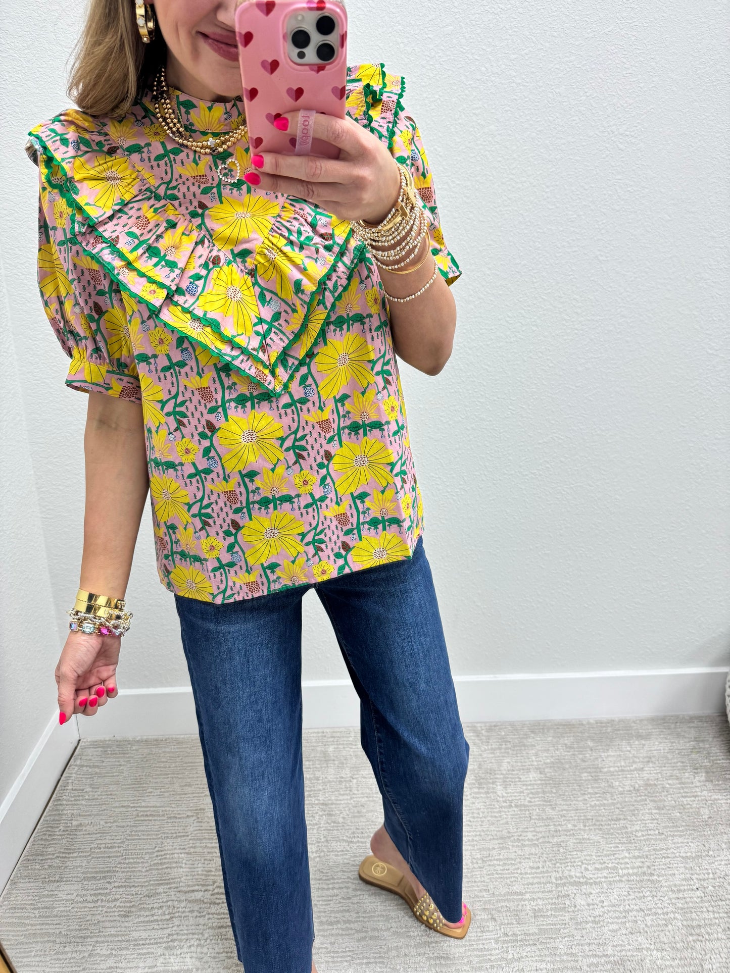 Pink Printed Ruffle Front Top