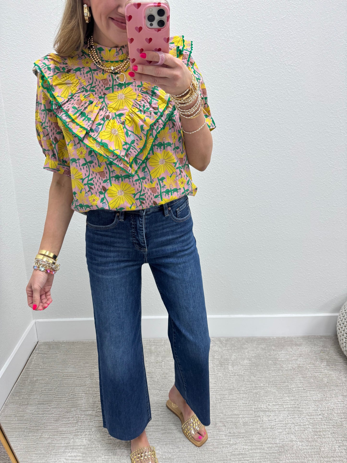 Pink Printed Ruffle Front Top